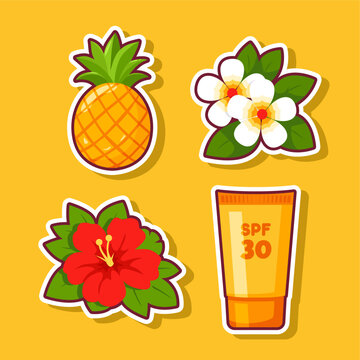 Set of Summer Tropical Vacation Stickers with Pineapple Flowers and Sunscreen