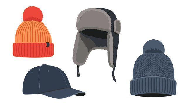 Set of four winter headwear items including a bright orange beanie, a dark trapper hat with fur, a navy baseball cap, and a blue pom-pom hat.