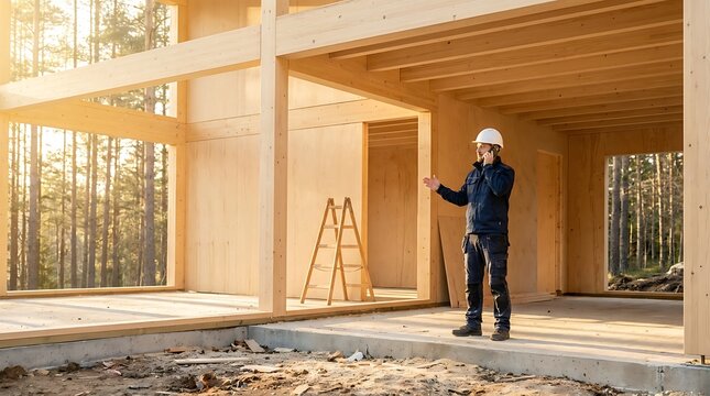 Construction manager supervising CLT house project while talking on smartphone during golden hour in a sustainable wooden residential building frame