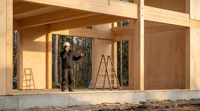 Professional engineer in hard hat talking on phone inside modern eco-friendly mass timber building site with cross laminated timber walls and beams
