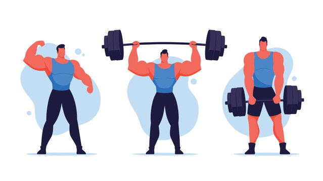 Set of three highly muscular bodybuilders in blue tank tops demonstrating their strength by posing and lifting heavy barbells with ease.