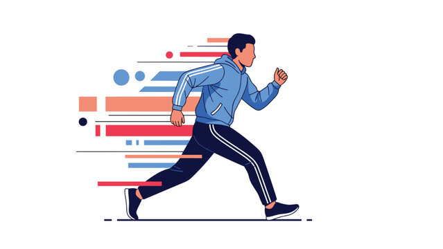 Dynamic illustration of a man running fast with colorful abstract speed lines and geometric shapes suggesting rapid motion and energy.