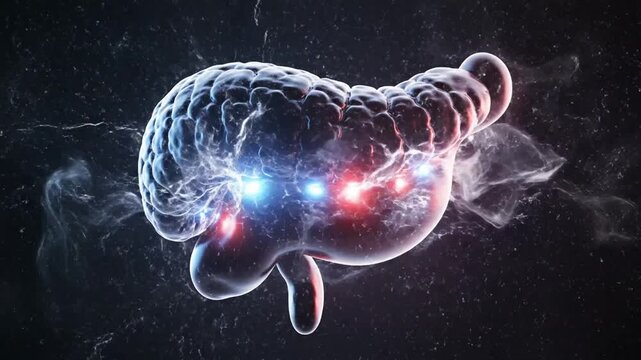Digital representation of human pancreas highlighting internal structure with glowing effects and misty atmosphere