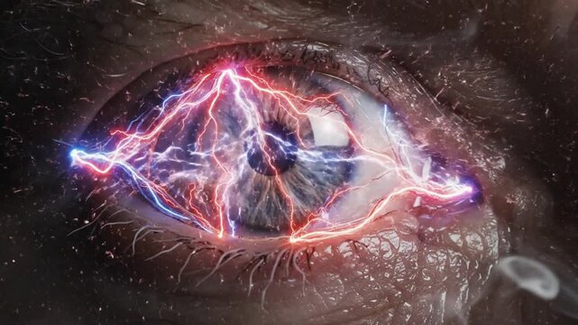 Close-up of human eye with lightning effects and digital enhancements highlighting intricate iris details and electrical sparks