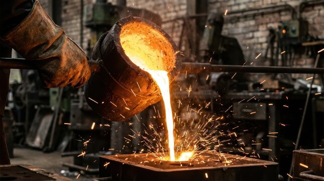 Industrial foundry worker pouring molten metal from crucible into sand mold with glowing sparks fly.