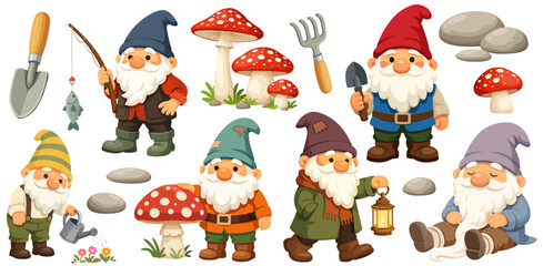 Garden Gnome Characters Set Fantasy Dwarf Figures Outdoor Decoration Cute Bearded Workers Tools Mushrooms © Yulia