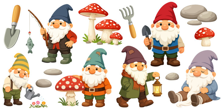 Garden Gnome Characters Set Fantasy Dwarf Figures Outdoor Decoration Cute Bearded Workers Tools Mushrooms