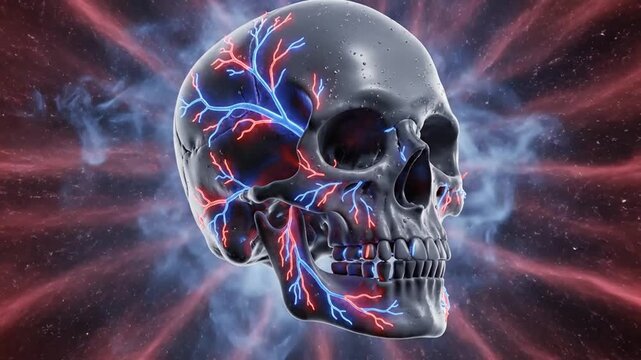 Futuristic Digital Artwork Depicting a Human Skull with Neural Network Patterns and Cosmic Background