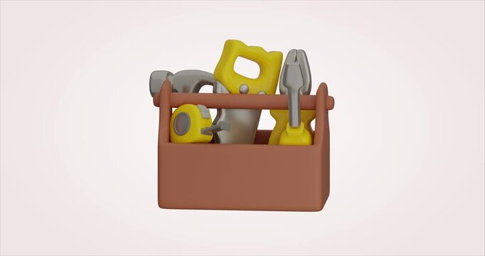Toolbox 3d animation with green screen. Cartoon carpentry tools, craft equipment for DIY projects. Looping seamless render