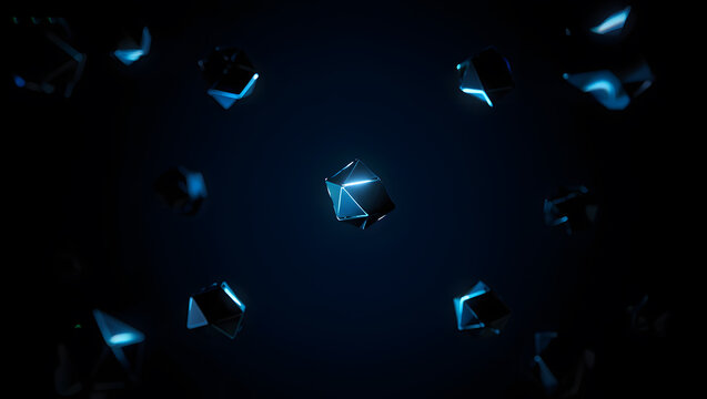 Futuristic macro of a small geometric structure duplicating and expanding into larger copies