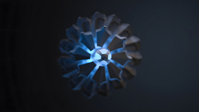 Futuristic macro of a small geometric structure duplicating and expanding into larger copies