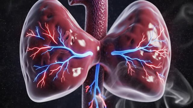 Animated depiction of human lungs with detailed bronchial trees and vibrant blood vessels showing respiratory system functionality
