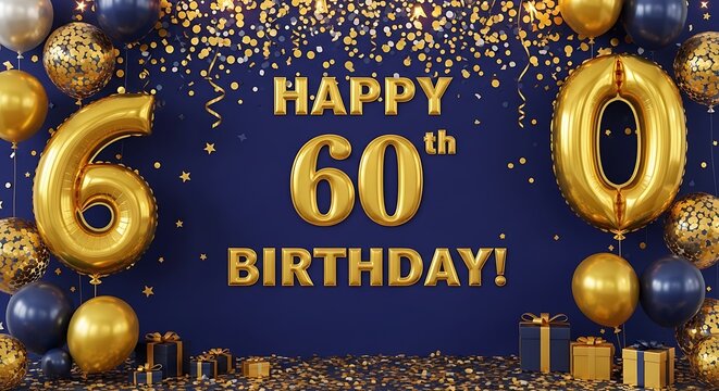 Celebratory happy 60th birthday scene with balloons and gifts