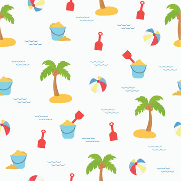 Vector Summer Beach Pattern playful seamless pattern with Palm Trees, Sand Buckets and colorful beach balls scattered across a light background