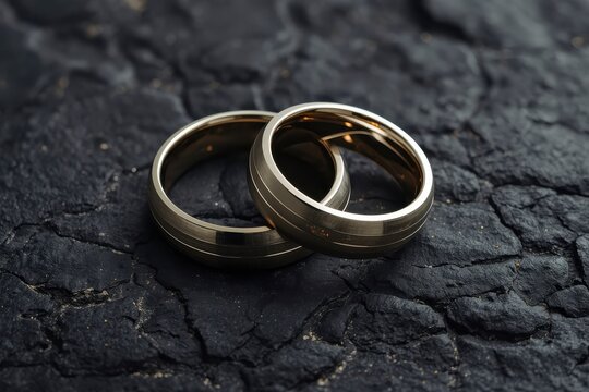 Pair of minimalist brushed titanium wedding rings on dark volcanic rock background, cinematic macro photography