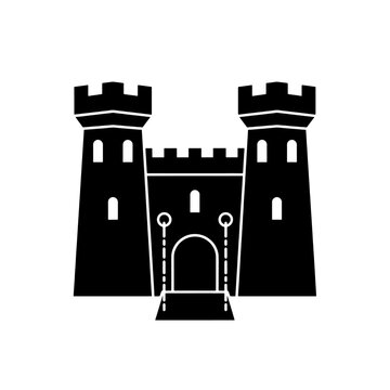 A black and white illustration of a medieval fortress with two tall towers and a gatehouse