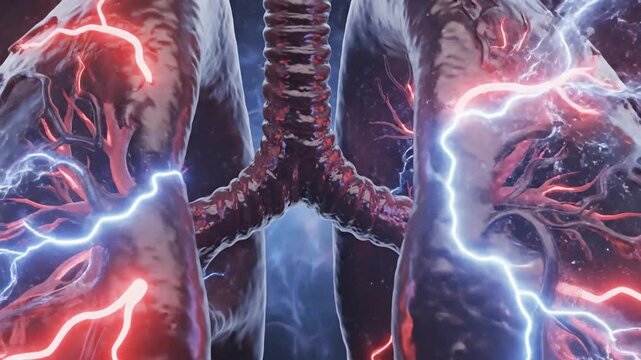 Dynamic visualization of human respiratory system depicting lungs and nerve pathways illuminated by electrical activity with