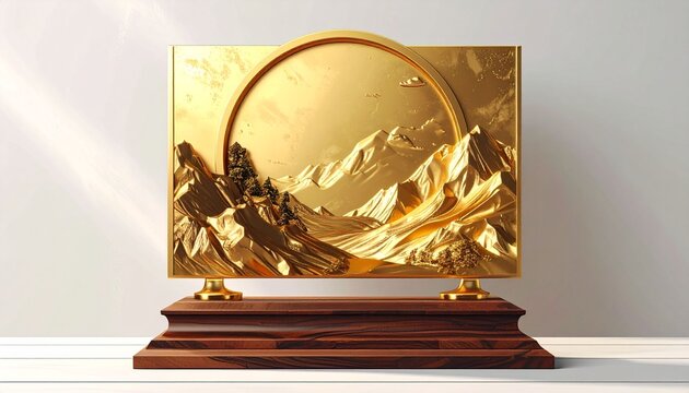 Gold award plaque on wooden base, blank space, white background. Use celebration, achievement. Generative