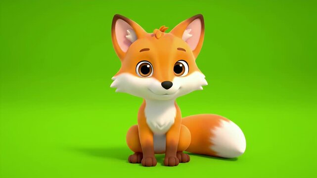 Adorable Cartoon Fox Character Sits Centered Against a Vibrant Green Screen Background with a Playful Expression and Fluffy Tail