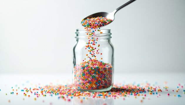 Spoon pours colorful sugar sprinkles into glass jar. Tiny round candies scatter on white table surface. Fun festive sweet decoration for cakes and cookies.