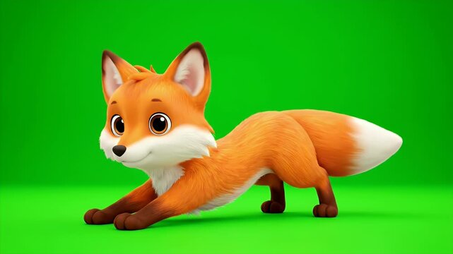 Charming 3D Render of a Playful Cartoon Red Fox with Fluffy Orange Fur and White Accents in a Playful Pose on a Vibrant Green