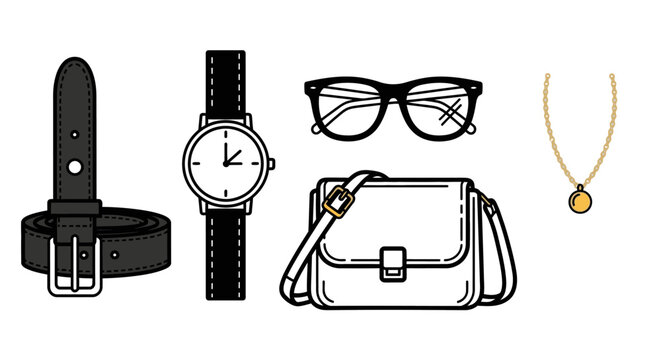 Accessories collection belt watch glasses bag necklace vector illustration