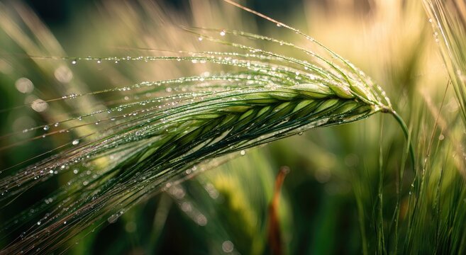 A close-up shot reveals a wheat stalk adorned with glistening morning dew.