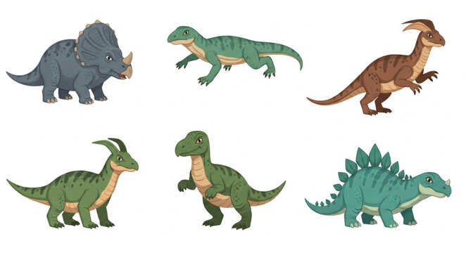 Collection of six different cartoon dinosaurs isolated on white background.
