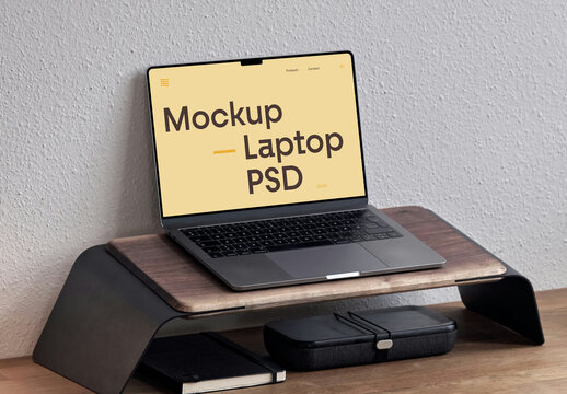 Laptop on Wooden Pad Mockup