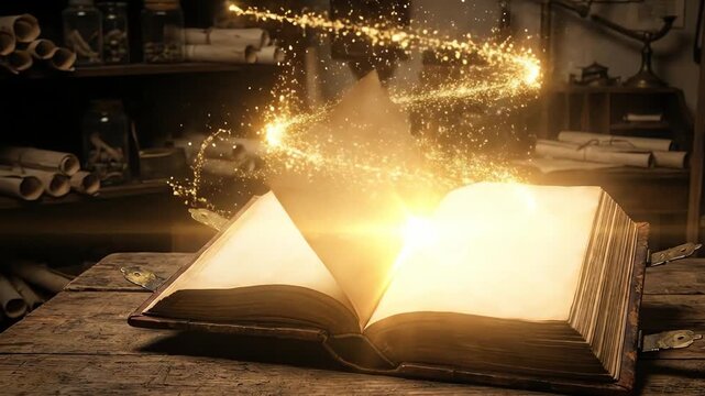 Old Leather Book Glowing with Golden Light Empty Pages Cinematic Mystical Scene - Ai Genereted