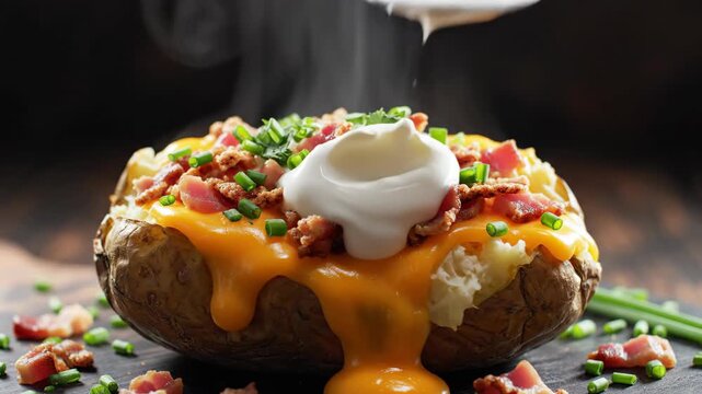 Hot loaded baked potato with cheese, bacon, sour cream, chives