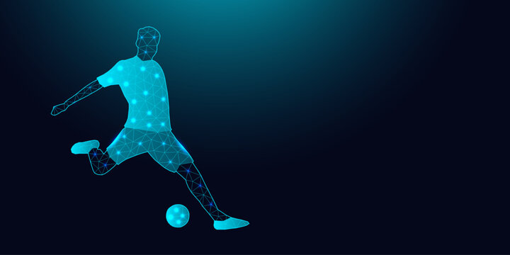 Low poly wireframe football player kicking ball.