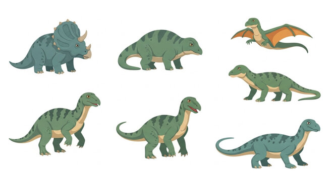 Collection of various prehistoric dinosaur illustrations on white background.