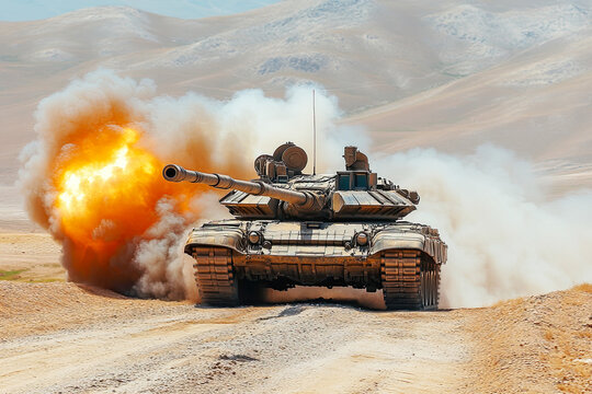 Tank Firepower Unleashed: A formidable tank, caught in the midst of a live-fire exercise, discharges a powerful shot, creating an explosion of smoke and fire against a backdrop of arid terrain.