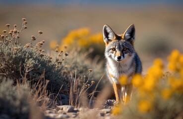 Fototapeta premium Gray fox stands in dry grass and desert shrubs. Wild canine looks forward with alert ears and yellow eyes. Animal in natural arid environment with blurry yellow flowers.