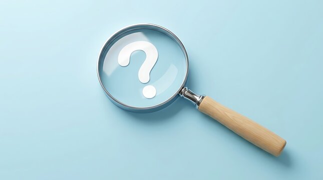 Magnifying glass revealing a question mark on a blue background with curiosity investigation research confusion uncertainty