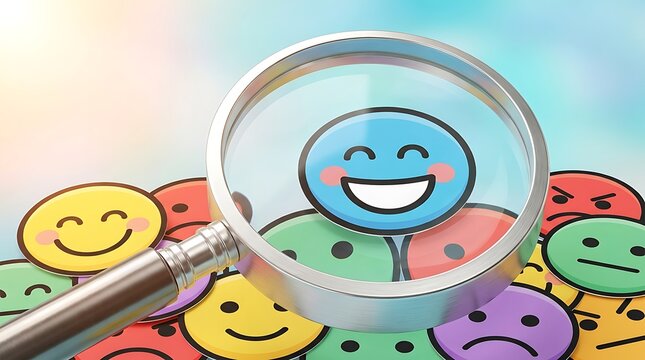 Magnifying glass over happy face emoji among various emotion icons representing customer feedback and sentiment analysis