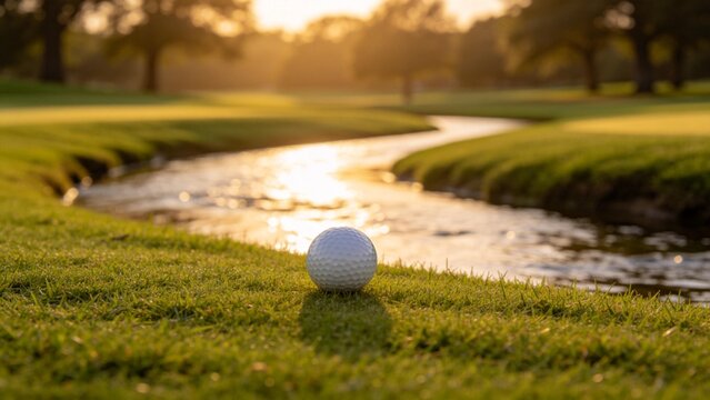 Golf ball on grass near water at sunset