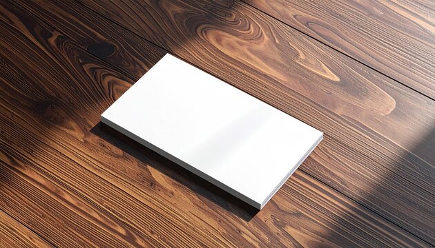 White blank book lies on a richly grained wooden surface