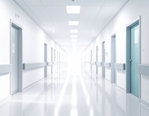 Obraz premium Long, bright hallway with doors and a light at the end