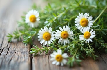 Obraz premium White chamomile flowers with green leaves rest on weathered wood. Delicate daisy blossoms show yellow centers and white petals. Herbal medicine plants are shown close up.