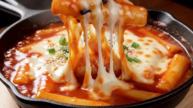 Korean spicy Tteokbokki with melted cheese and chopsticks in pan