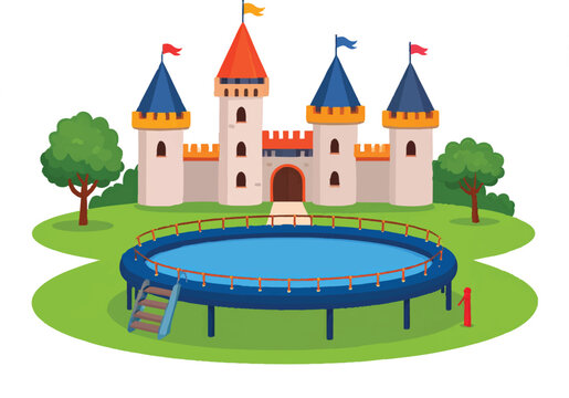 Adobe Illustrator Artwork of Playful cartoon-style illustration of a castle with blue conical roofs and yellow flags, featuring a large circular trampoline in front, surrounded by trees and greenery.