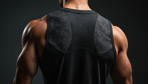 Muscular man wears black training vest. Textured fabric detail on back and shoulders. Focus on athletic physique and sportswear design. Strong deltoids and back muscles visible.