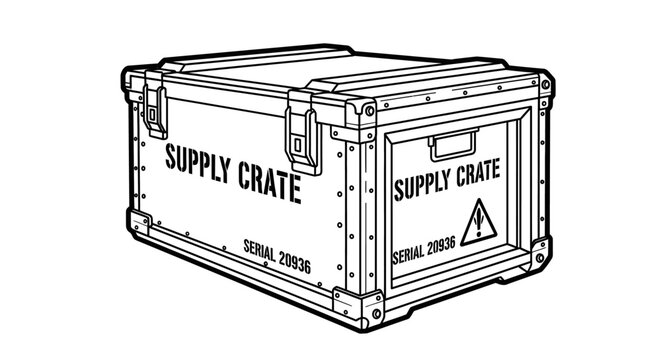Supply crate illustration with warning sign and serial number isolated