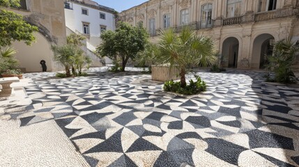 Naklejka premium Ornate geometric patterned tiled walkway in an ancient courtyard with trees and surrounding architecture