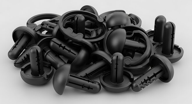 Black plastic fasteners assortment against a white background studio shot