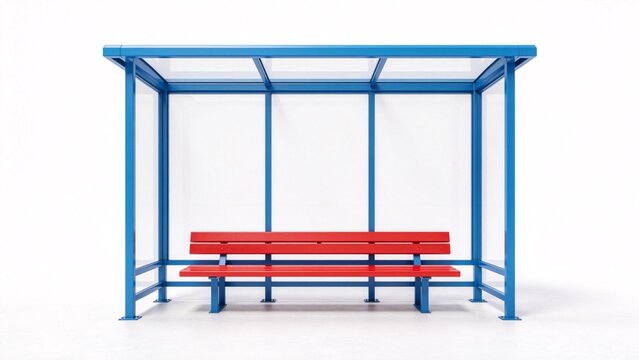 Blue bus stop shelter with red bench