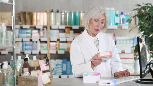 Portrait of elderly female pharmacist working in a modern drugstore and offering to buy pills. High quality 4k footage