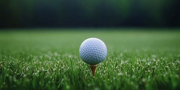 Classic golf ball perfectly teed up on a pristine fairway with lush green grass in the background.